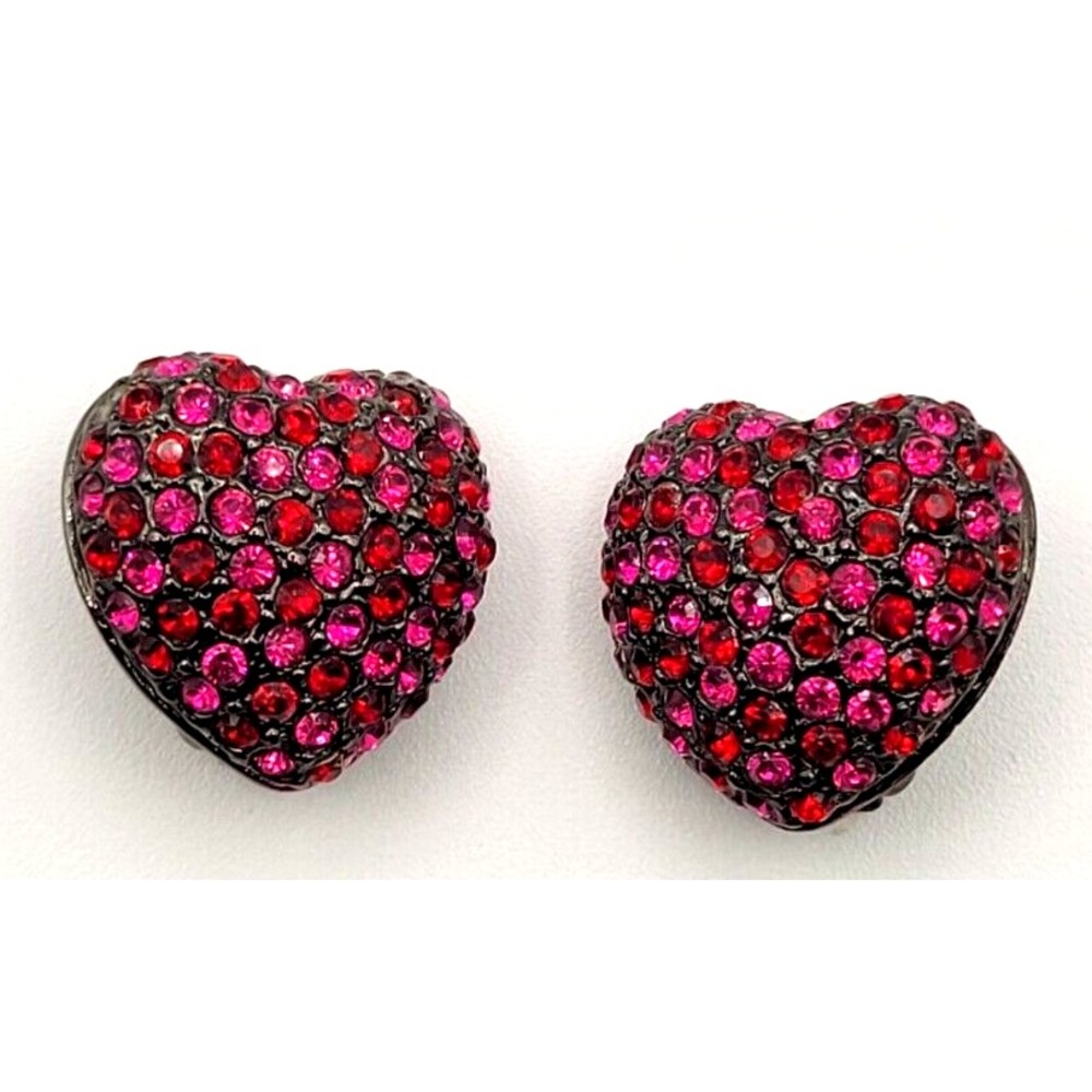 JOAN‎ RIVERS RED PINK PUFFY HEART RHINESTONE CLIP ON EARRINGS SIGNED VINTAGE